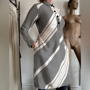 Ann Taylor Striped Cream and Black Midi Shirt Dress SP